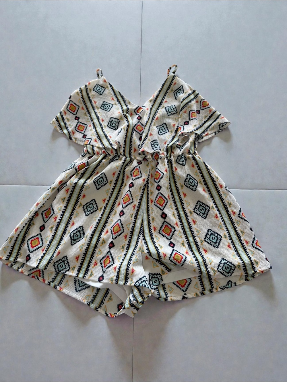 Crystal Sky White‎ Romper with Colorful Geometric Trim